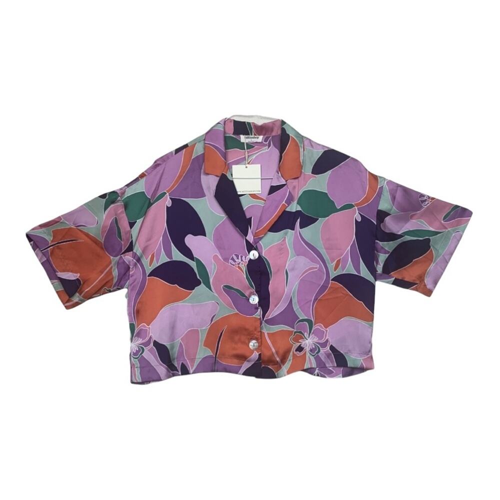 Mittoshop womens large crop button up shirt short sleeve floral multicolor brigh